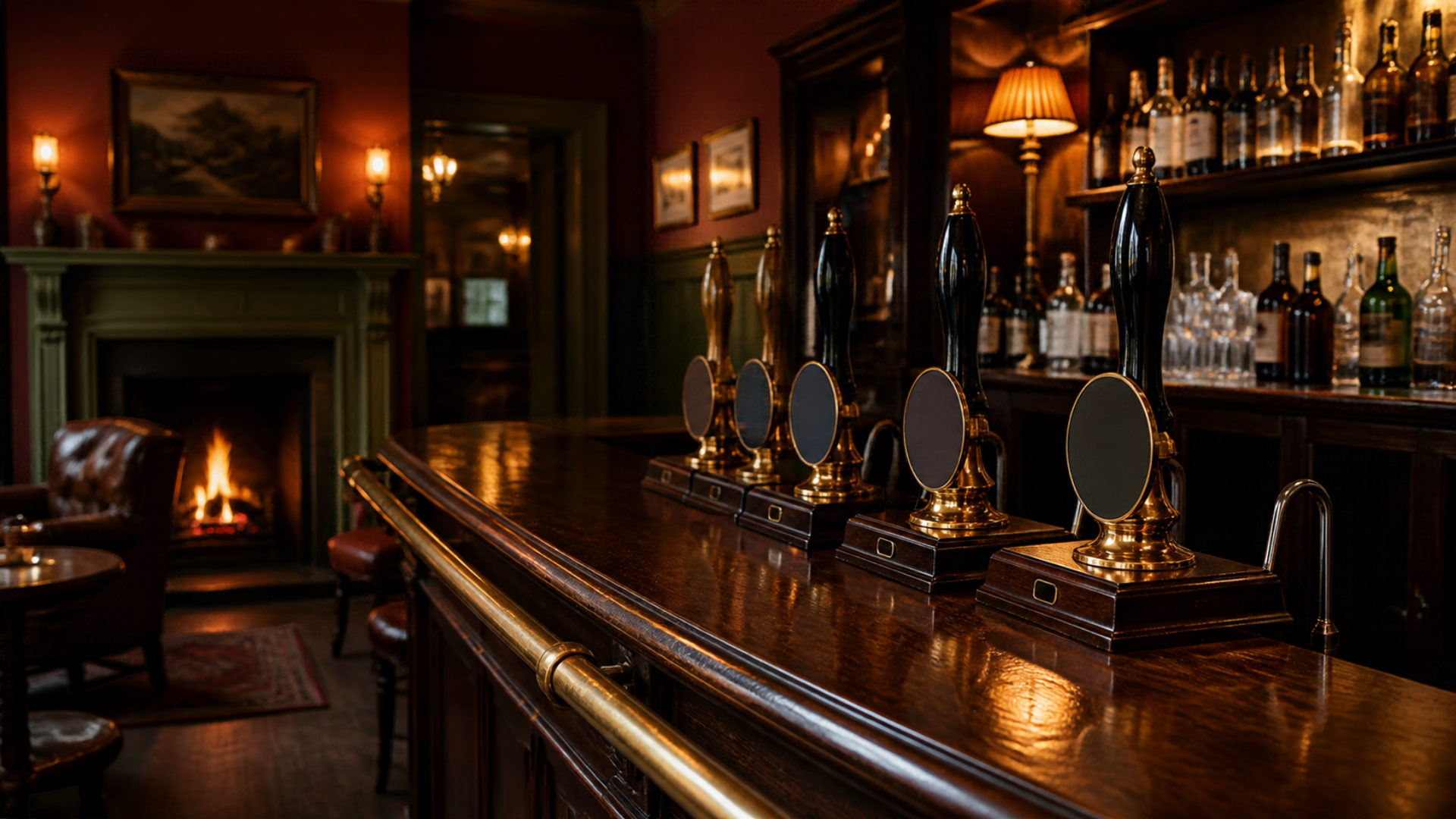 A traditional pub bar with dark wood, brass rail and warm lamplight